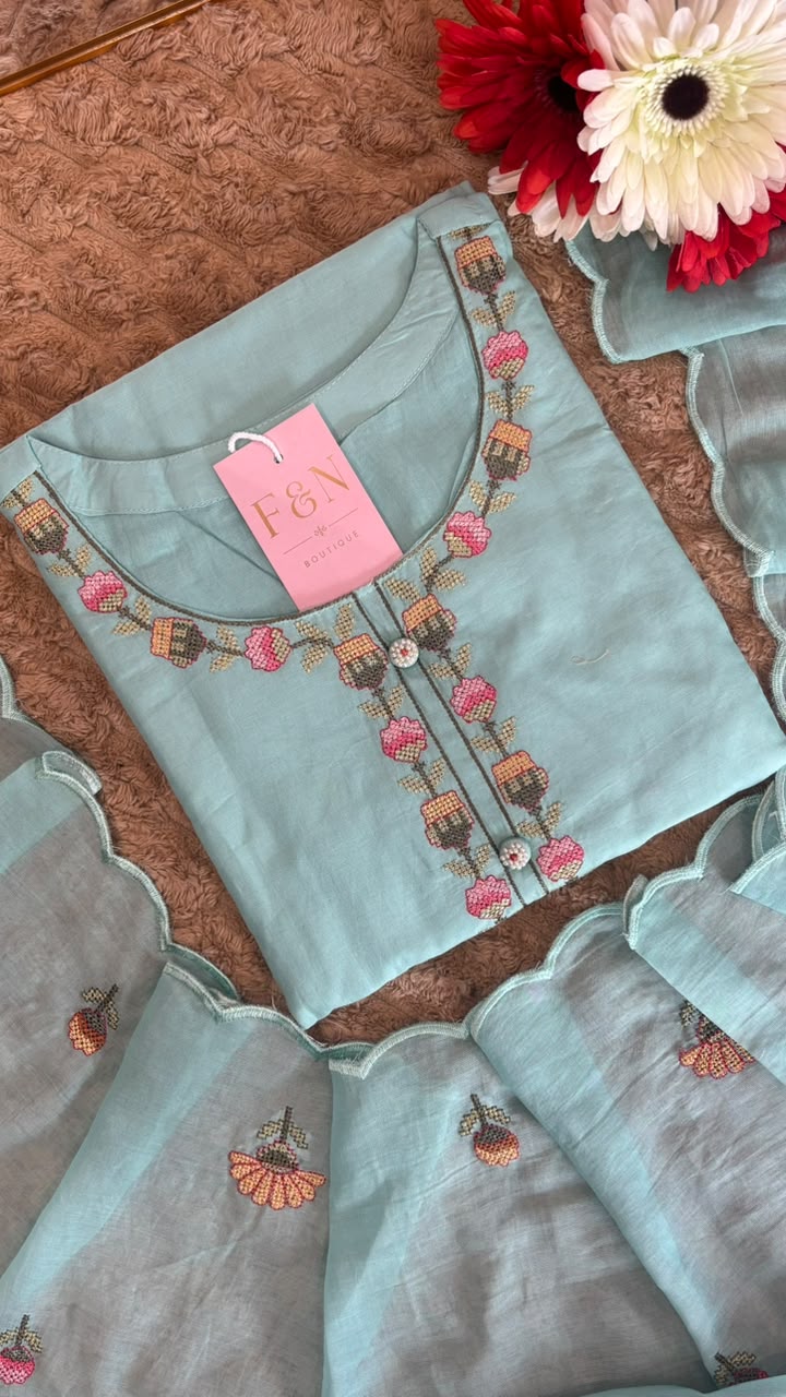 Aqua floral embroidered women's kurta with matching dupatta by FN BoutiquE